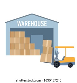 Vector illustration. Warehouse for storage of arrived cargo at customs, airport, port, railway. An electric car picks up boxes of parcels.