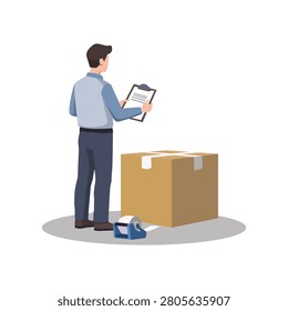 A vector illustration of a warehouse worker checking a cardboard box whilst noting down stock levels on a clipboard. Suitable for concepts such as logistics, warehouse management, stock control, dispatch, order fulfilment, supply chain, storage, distribution centres and business workflows.