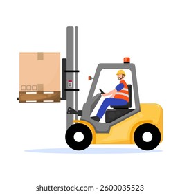 A vector illustration of a warehouse worker operating a forklift, lifting a box on a pallet, in a storage facility.