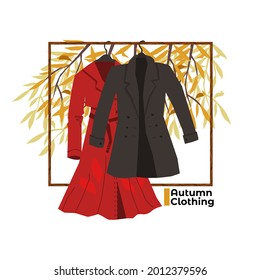 Vector illustration with warm autumn clothes hanging on a hanger against the background of autumn nature, trees. Concept seasonal clothing, natural fabric composition. Used in banners, posters, etc.