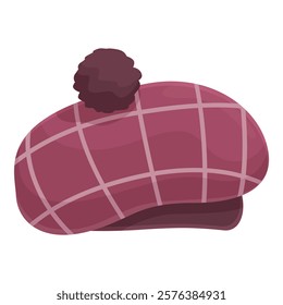 Vector illustration of a warm, checkered winter hat with a fluffy pompom on white background