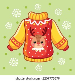 Vector illustration with a warm Christmas sweater on a background with snowflakes. Christmas card with cartoon style clothes on a New Year theme.
