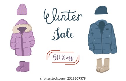 Vector illustration of warm jackets with shoes and a hat. Set of warm men's and women's clothing for the cold season. Concept of a winter sale. Image of winter accessories.