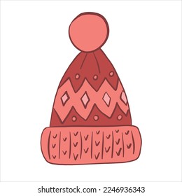 Vector illustration. Warm knitted winter hat with patterns, lapel and pompom