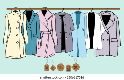 Vector illustration of warm outerwear that hangs on hangers. Also presented tags and an indication of sales.