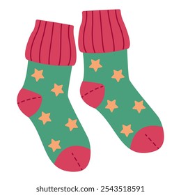 Ilustración vectorial calcetines calientes con estrellas. Estilo plano dibujado a mano aislado calcetines coloridos aislados ropa de invierno de lana.