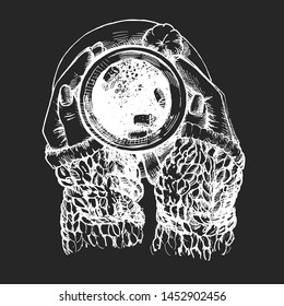 Vector illustration of warm soft cozy sweet life moments. Female girl hands in a sweater holding a warm cup of cocoa with marshmallow. On black board chalk hand drawing
