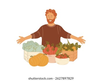 Vector illustration in warm tones of middle aged man with organic harvest in flat design. Farmer presenting boxes of bountiful fresh vegetable produce. Healthy food. Organic growing concept.
