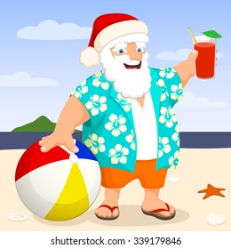 Vector illustration of a warm weather cartoon Santa Claus on the beach.