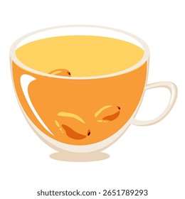 Vector illustration of a warm yellow cup filled with sea buckthorn tea. Cozy and healthy autumn drink perfect for seasonal food design, wellness content, or herbal product packaging.