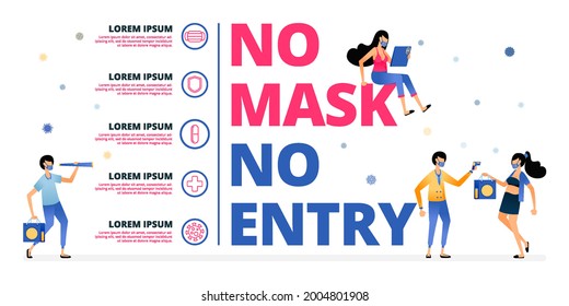 Vector illustration of warning and appeal to the public to continue to wear masks during the pandemic. Information of NO MASK NO ENTRY. Design can be for landing page, website, poster, mobile app, web