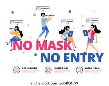 Vektorgrafik der Warnung für Menschen im Freien muss Masken tragen. Informationen über KEINE MASK KEINE EINTRAGUNG. Design kann für Landingpage, Website, Poster, mobile App, Web, Broschüre, Flyer