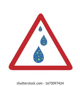 Vector illustration of warning sign contaminated drop of water by bacteria on white background. Symbol of disease and health.
