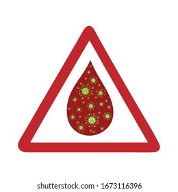 Ilustración vectorial de la señal de advertencia sangre contaminada por bacterias sobre fondo blanco. Símbolo de enfermedad y salud.