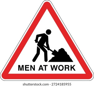 Ilustración vectorial de un signo de advertencia con un triángulo con un borde rojo y una silueta negra de una persona que trabaja con una pala, que indica 'Hombres en el trabajo'.