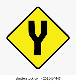 Vector illustration of a warning sign for a fork in road. Yellow and black caution sign drawing.
