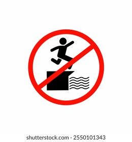 Ilustración vectorial de un símbolo de advertencia que prohíbe el salto o el buceo desde un edificio al agua. Círculo rojo y barra indican peligro. Ideal para guías de seguridad y materiales educativos.