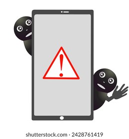 Vector illustration of a warning sign on a cellphone screen with two thief characters behind the cellphone