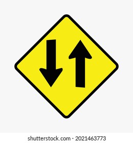 Vector illustration of a warning sign for a two-way road. Yellow and black caution sign drawing.
