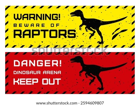 A vector illustration of warning signs about dinosaurs in a retro style. Two signs with a yellow and red background features the warning text and a silhouette of a dinosaur velociraptor. 