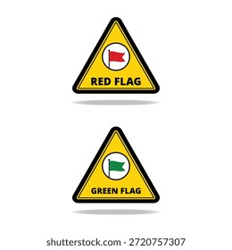 Vector illustration of warning signs showing red flag and green flag symbols inside yellow triangular caution boards