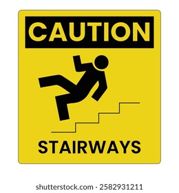 Vector illustration of warning symbol label. Caution, be careful falling down the stairs.