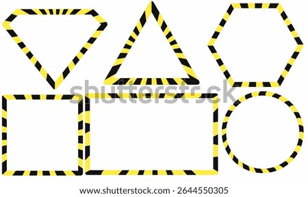 Vector illustration of warning tape shapes, triangle, square, rectangle, circle, hexagon, diamond. Black and yellow hazard border frames. Ideal for signs, labels, alerts.