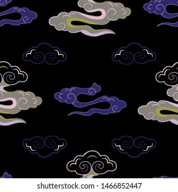 Vector Illustration of warped stripes and stylized, abstract clouds resembling dragon tails at beautiful lunar twilight. Ideal for fabric, gift wraps, home decor and crafts.