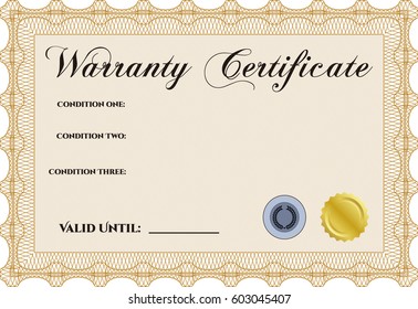 Ilustración vectorial de la plantilla de certificado de garantía. Detallado. Con fondo. Diseño cordial. 

