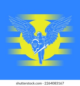 Ilustración vectorial de un defensor guerrero de ucrania con alas, una espada y un escudo con el escudo de armas de ucrania. Guerra en Ucrania, ataque de Rusia. Logotipo, plantilla, imagen, cartel.