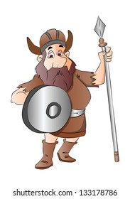 Vector illustration of warrior with spear and armor, isolated on white background.
