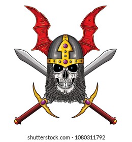 Vector illustration of warrior undead skull  with fantastic medieval helmet and two swords.