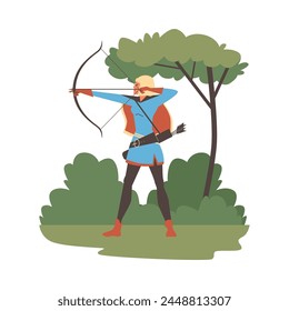 Vector illustration of a warrior woman holding a bow and arrows in her hands, against the backdrop of a green forest. Ideal for using badges or stickers.