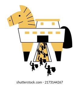 Vector illustration of warriors coming out of a Trojan horse.