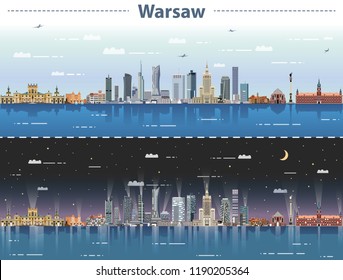 vector illustration of Warsaw city skyline at day and night