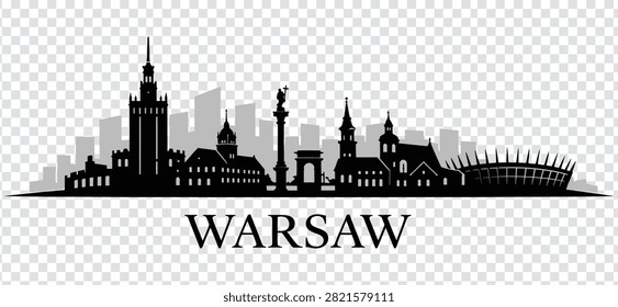 Vector illustration of Warsaw city skyline silhouette. Famous landmarks of the capital of Poland isolated on a transparent background.