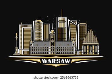 Vector illustration of Warsaw, dark horizontal card with linear design famous warsaw city scape on nighttime starry sky background, european urban line art concept with unique letters for text warsaw