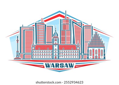 Vector illustration of Warsaw, horizontal sign with linear design famous historic warsaw city scape on day sky background, european urban line art concept with unique brush lettering for text warsaw