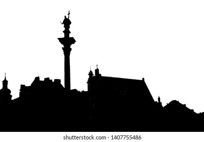 Vector illustration of Warsaw Old Town. View on historical old building facades, roofs and Sigismund's Column. Black and white scene street graphic.