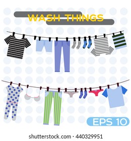 vector illustration wash things. Clothes hanging on a rope. Laundry home. Dried things on the clothesline. Flat illustration wash clothes. Clothespin, pants, shorts, socks, T-shirts, towels.