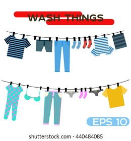 vector illustration wash things. Clothes hanging on a rope. Laundry home. Dried things on the clothesline. Flat illustration wash clothes. Clothespin, pants, shorts, socks, T-shirts, towels.