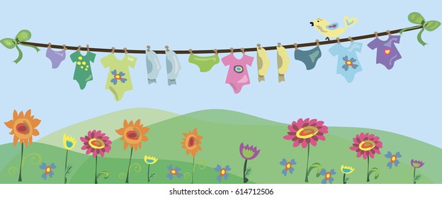 vector illustration wash things. Clothes hanging on a rope. Laundry home. Dried things on the clothesline. Flat illustration wash clothes. 