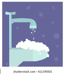 Vector illustration of a washbasin full of lather and a  tap with running water with soap bubbles floating in the background. Flat style.