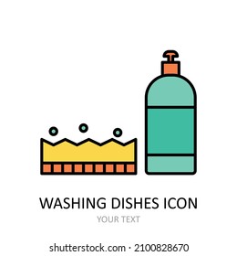 Vector illustration with washing dishes icon. Outline symbol.