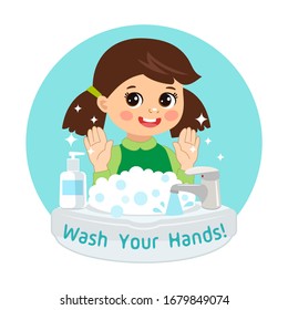 Muchacha linda lavando las manos en el lavabo. Ilustración vectorial de las manos de lavado con desinfectante para manos antibacterianas, en ilustración plana de dibujos animados aislados. Lávate la bandera de las manos para los niños.