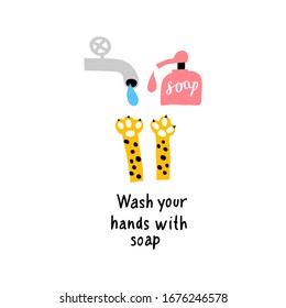 Vector illustration of washing hands. Cute cat washes paws with soap.