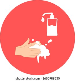 Ilustración vectorial de las manos lavadas. Manos de lavado con señal vectorial de jabón en el icono de círculo rojo