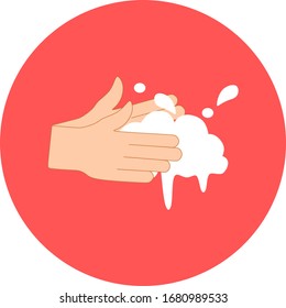 Vector illustration of washing hands. Washing hands with soap vector sign in red circle icon