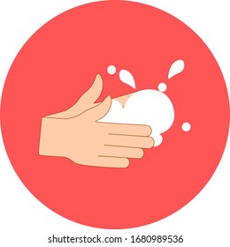 Vector illustration of washing hands. Washing hands with soap vector sign in red circle icon