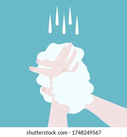 Vector illustration of washing hands with soap suds and water drops on blue background concept of encouraging proper hand washing to stop Coronavirus spreading 